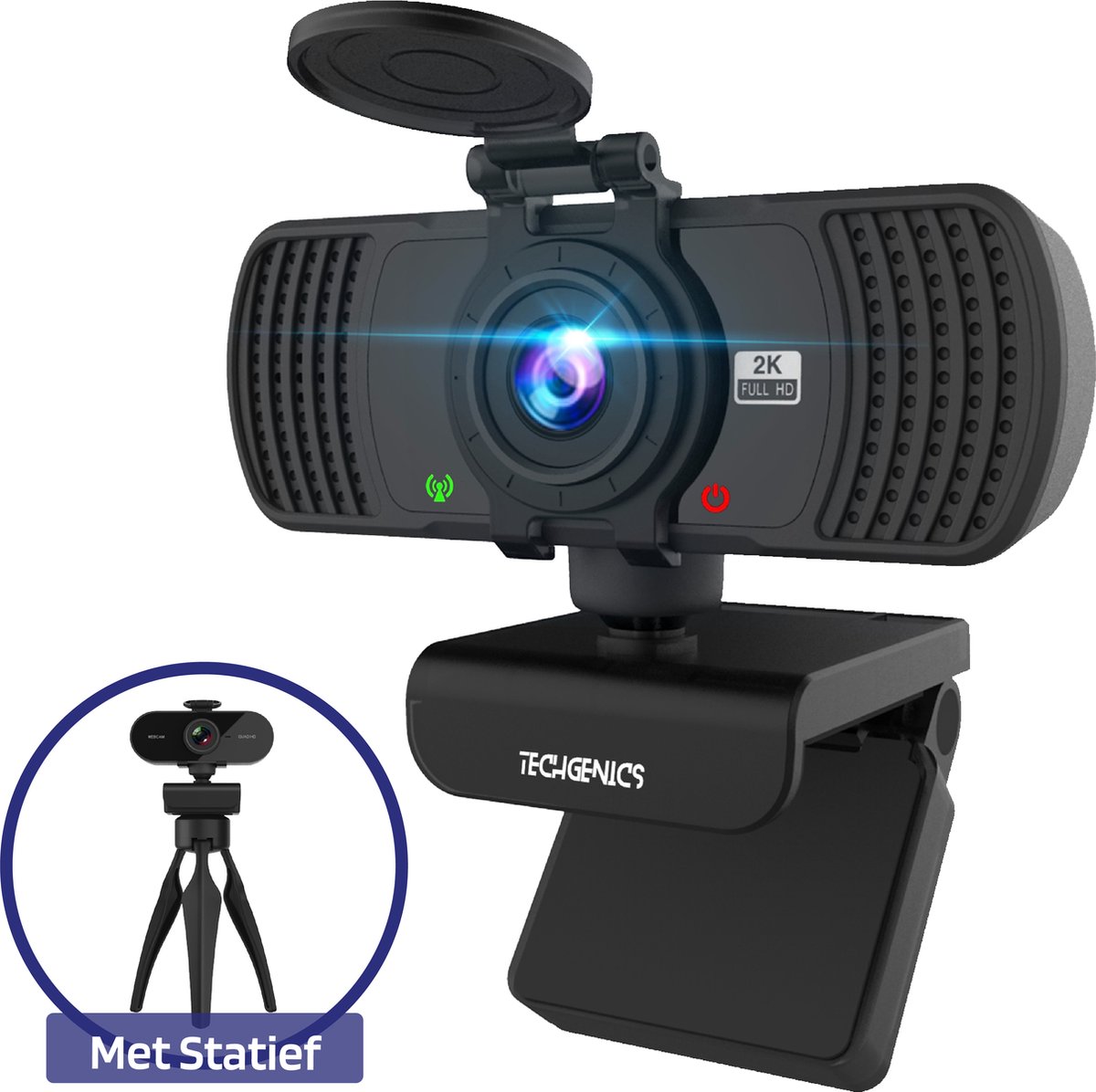 Techgenics 2K Webcam - Met Microfoon en USB - Webcam voor PC - Incl. Webcam Cover en Statief - Mat