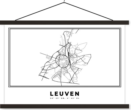 Porte-affiche avec affiche - Affiche scolaire - Plan de la ville - Zwart Wit - Carte - Louvain - België - Carte - 60x40 cm - Lattes noires