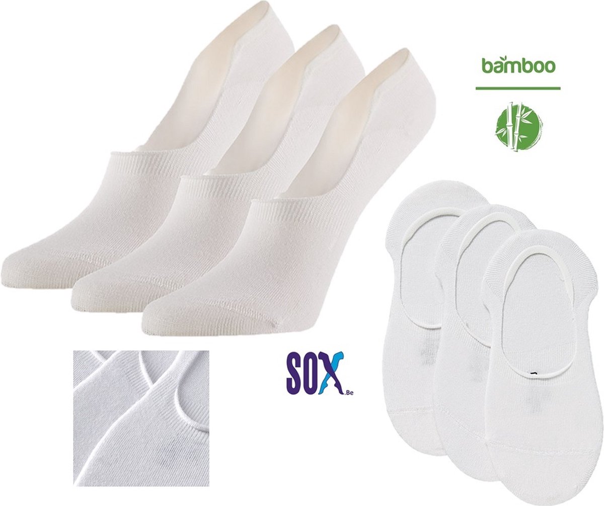 SOX Bamboe No-show Sneakersokken of Kousenvoetjes Wit 3 PACK Multipack Unisex Maat 39/42 zonder teennaad met silicone op de hiel