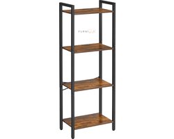 FURNIBELLA -  Planchet, staande plank met 4 etages, boekenkast, 40 x 24 x 107 cm, opbergrek, stalen frame, industrieel ontwerp, voor woonkamer, studeerkamer en hal, vintage bruin-zwart LLS099B01