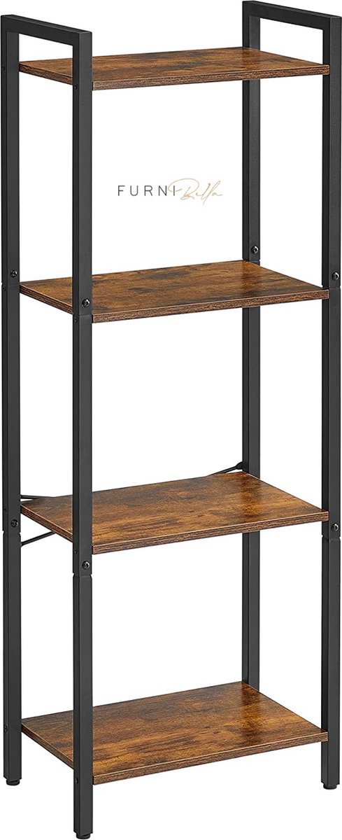FURNIBELLA -  Planchet, staande plank met 4 etages, boekenkast, 40 x 24 x 107 cm, opbergrek, stalen frame, industrieel ontwerp, voor woonkamer, studeerkamer en hal, vintage bruin-zwart LLS099B01