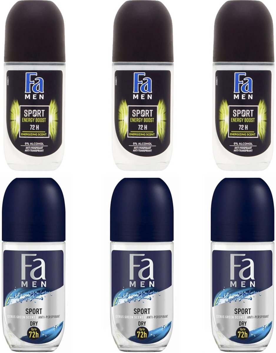 Fa Men Sport Deodorant rollers Voordeelpakket 3x Fa Men Sport Dry + 3x Fa Men Sport Energy Boost