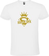 Wit T shirt met print van "Super Opa " print Goud size L