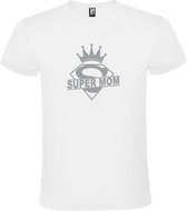 Wit T shirt met print van "Super Mom " print Zilver size S