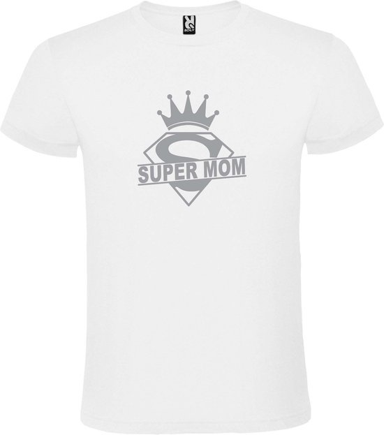 Wit T shirt met print van "Super Mom " print Zilver size XXXXXL