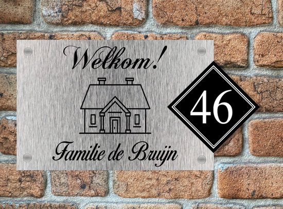 Plaque nominative porte d'entrée Welcome House 20x30 avec numéro aspect inox
