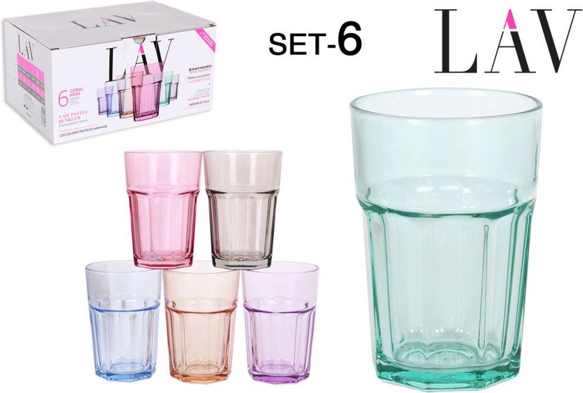 LAV set van 6 pastelkleurige glazen - 36.5cl - longdrinkglazen uit GLAS