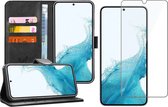 Samsung Galaxy S22 Hoesje - Book Case Leer Wallet Cover Portemonnee Pasjeshouder Hoes Zwart - Tempered Glass Screenprotector