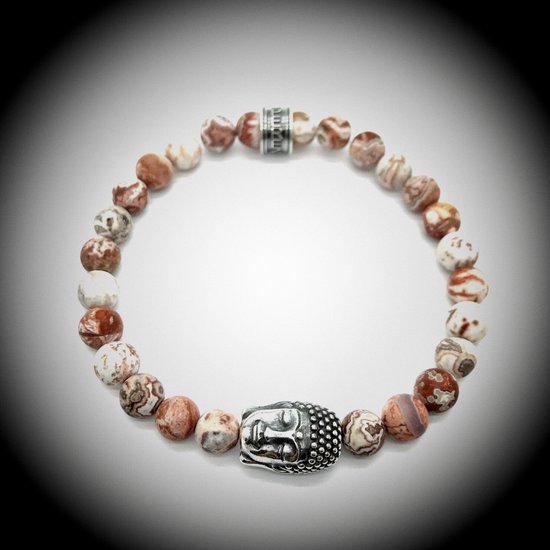 Natuursteen Armband met 925 Sterling Zilver Buddha / Boedha Bedel van 13 gram Zilver , Handgemaakte Edelsteen Armband met 8mm (Matte Crazy Agaat) kralen .