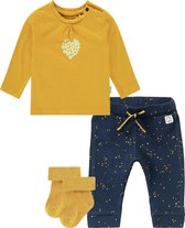 Noppies - Kledingset - 3delig - broek blauw met hartjes - shirt okergeel met hart en sokjes - Maat 74