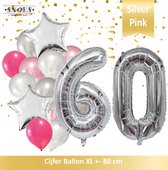 Cijfer Ballon 60 Jaar Zilver Roze White Pearl Boeket * Hoera 60 Jaar Verjaardag Decoratie Set van 15 Ballonnen * 80 cm Verjaardag Nummer Ballon * Snoes * Verjaardag Versiering * Ve
