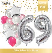 Cijfer Ballon 69 Jaar Zilver Roze White Pearl Boeket * Hoera 69 Jaar Verjaardag Decoratie Set van 15 Ballonnen * 80 cm Verjaardag Nummer Ballon * Snoes * Verjaardag Versiering * Ve