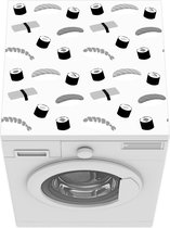 Wasmachine beschermer mat - Sushi illustratie tegen lichtroze achtergrond - zwart wit - Breedte 60 cm x hoogte 60 cm