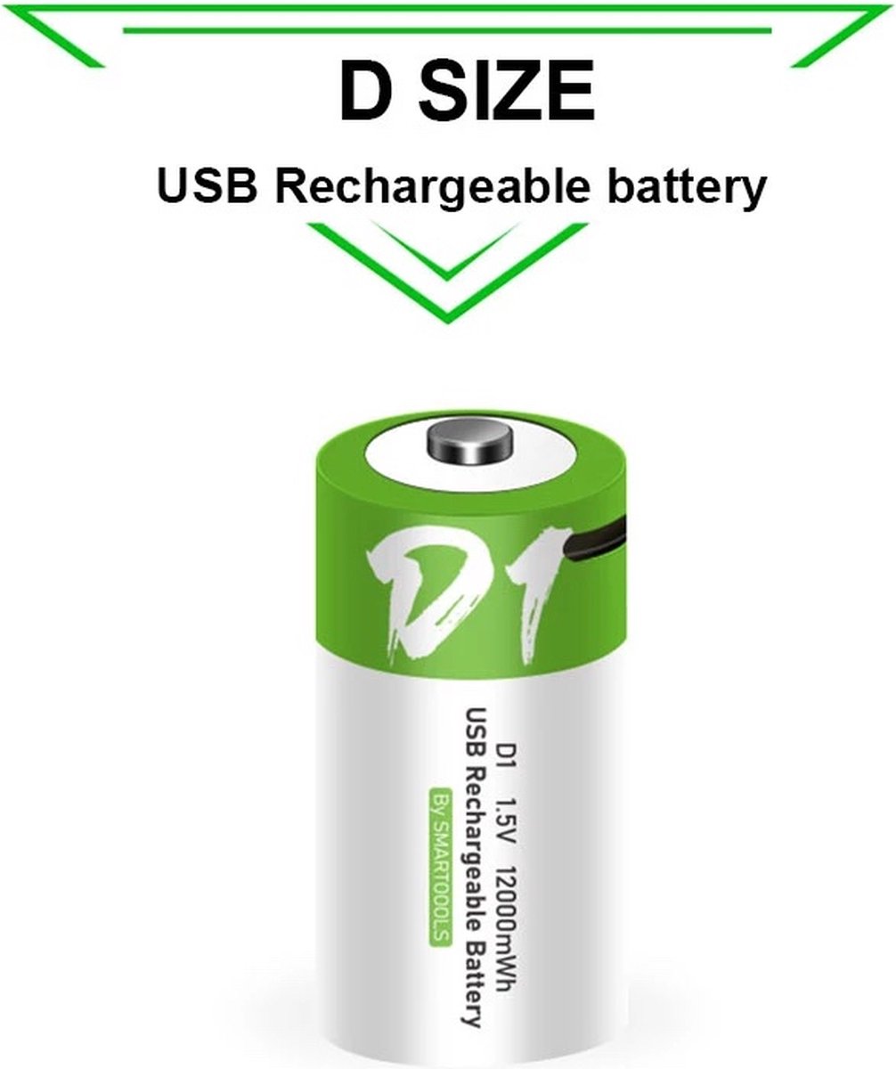 Oplaadbare Li-ion Type D Batterijen 1,5 Volt 12000 mWh met USB Type-C Kabel opladen - Duurzame Keuze - Lithium D batterij - 2 stuks