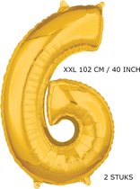 Grote XXL gouden folie ballon cijfer 6 jaar.  leeftijd verjaardag 6. 102 cm 40 inch. Met rietje om op te blazen. 2 stuks