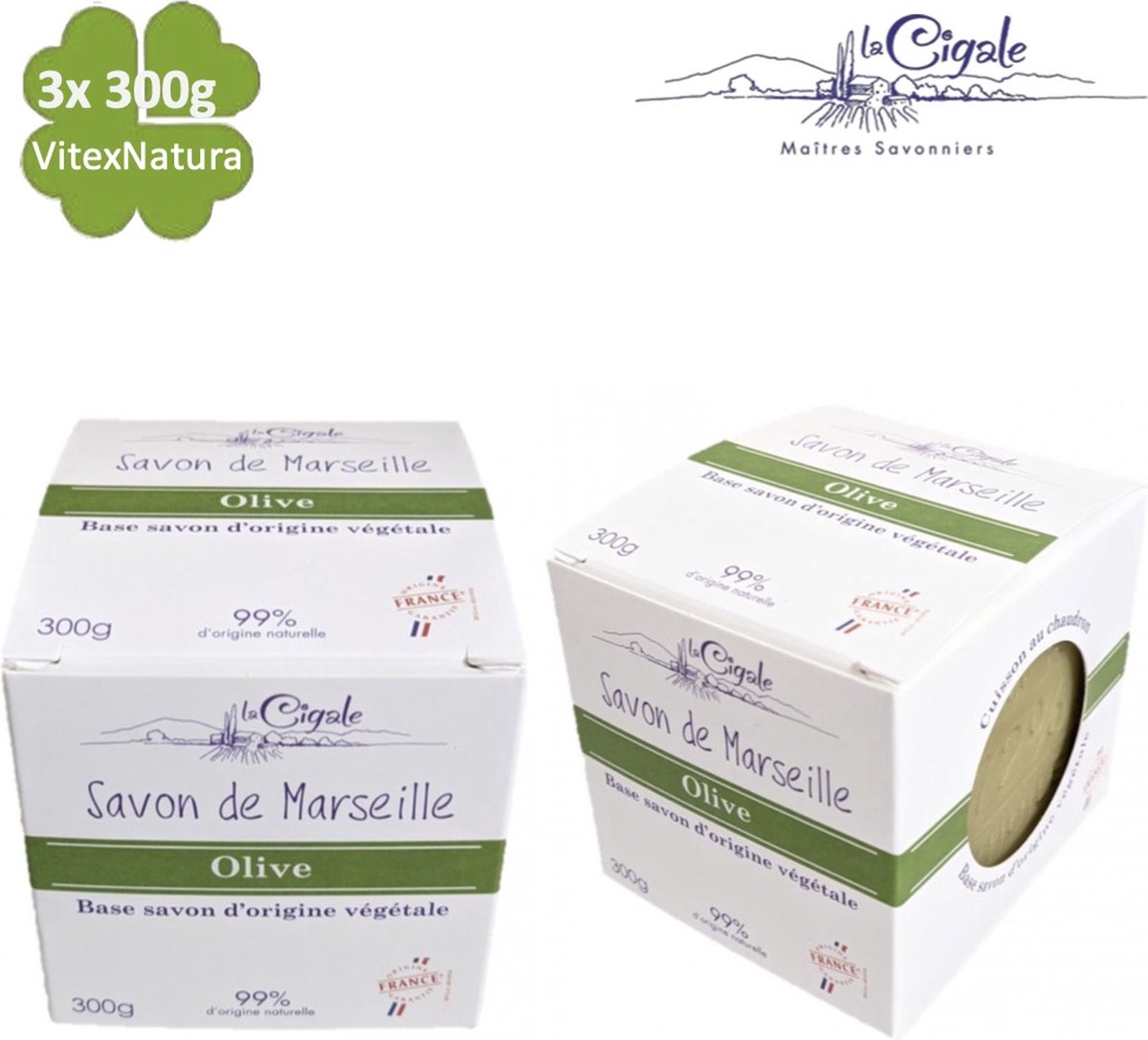 Savon De Marseille zeep 3x300g glycerine en OLIJF OLIE origineel Frans zeepblok CUBE La Cigale