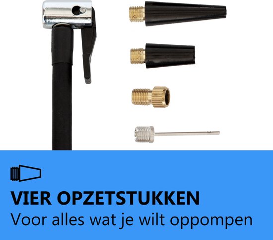 Ventielslang met zilveren koppeling en vier zwarte opzetstukken voor bandenpomp.
