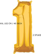 Mega grote XXL gouden folie ballon. 102 cm 40 inch. Cijfer 1 jaar.  leeftijd verjaardag 1.  Met rietje om op te blazen. 2 stuks