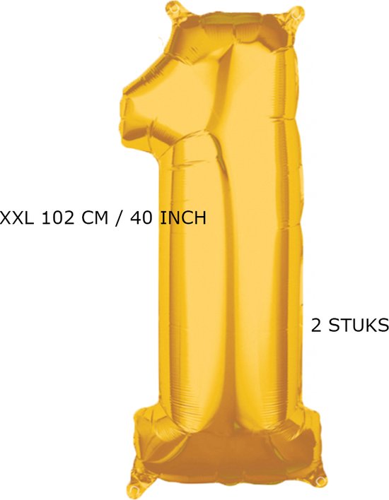 Mega grote XXL gouden folie ballon cijfer 1 jaar.  leeftijd verjaardag 1. 102 cm 40 inch. Met rietje om op te blazen. 2 stuks