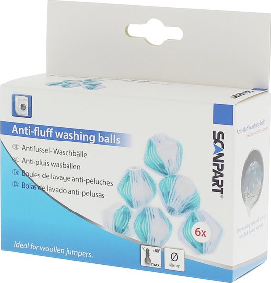Boîte de 6 boules de lavage anti-peluches bleues et blanches, idéales pour les pulls en laine.