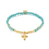 Twice As Nice Armband in goudkleurig edelstaal, turquoise natuursteen, kruisje