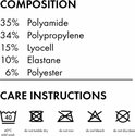 Samenstelling: 35% polyamide, 34% polypropyleen, 15% lyocell, 10% elastaan, 6% polyester. Wasinstructies: machinewas 40°C, niet in de droger, niet strijken, niet bleken, niet stomen.