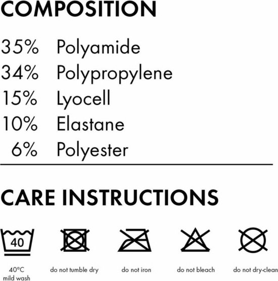 Samenstelling: 35% polyamide, 34% polypropyleen, 15% lyocell, 10% elastaan, 6% polyester. Wasinstructies: machinewas 40°C, niet in de droger, niet strijken, niet bleken, niet stomen.
