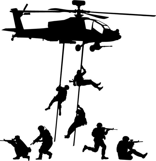 Muursticker Leger Helikopter met Soldaten - 60 cm x 62 cm - Leger Speelgoed - Kinderkamer Leger Stijl