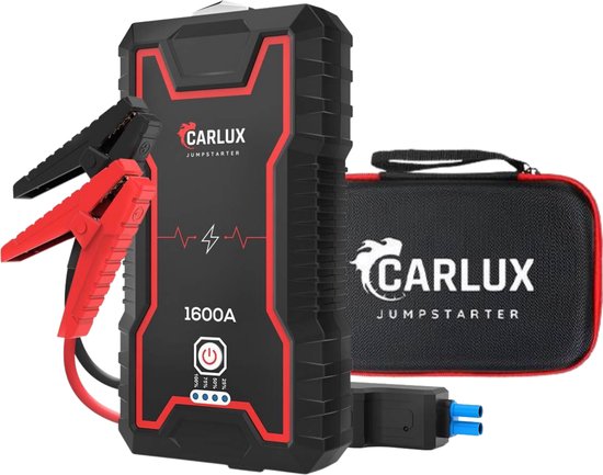 Carlux krachtige 12v jumpstarter - 18000 mah / 1600a - 7in1 startkabels met powerbank - starthulp voor auto’s met led- en sos noodlicht- incl. Opbergcase
