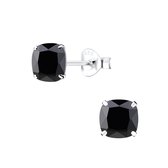 Joy|S - Zilveren vierkant oorbellen - 6 mm - cushion - zwart zirkonia