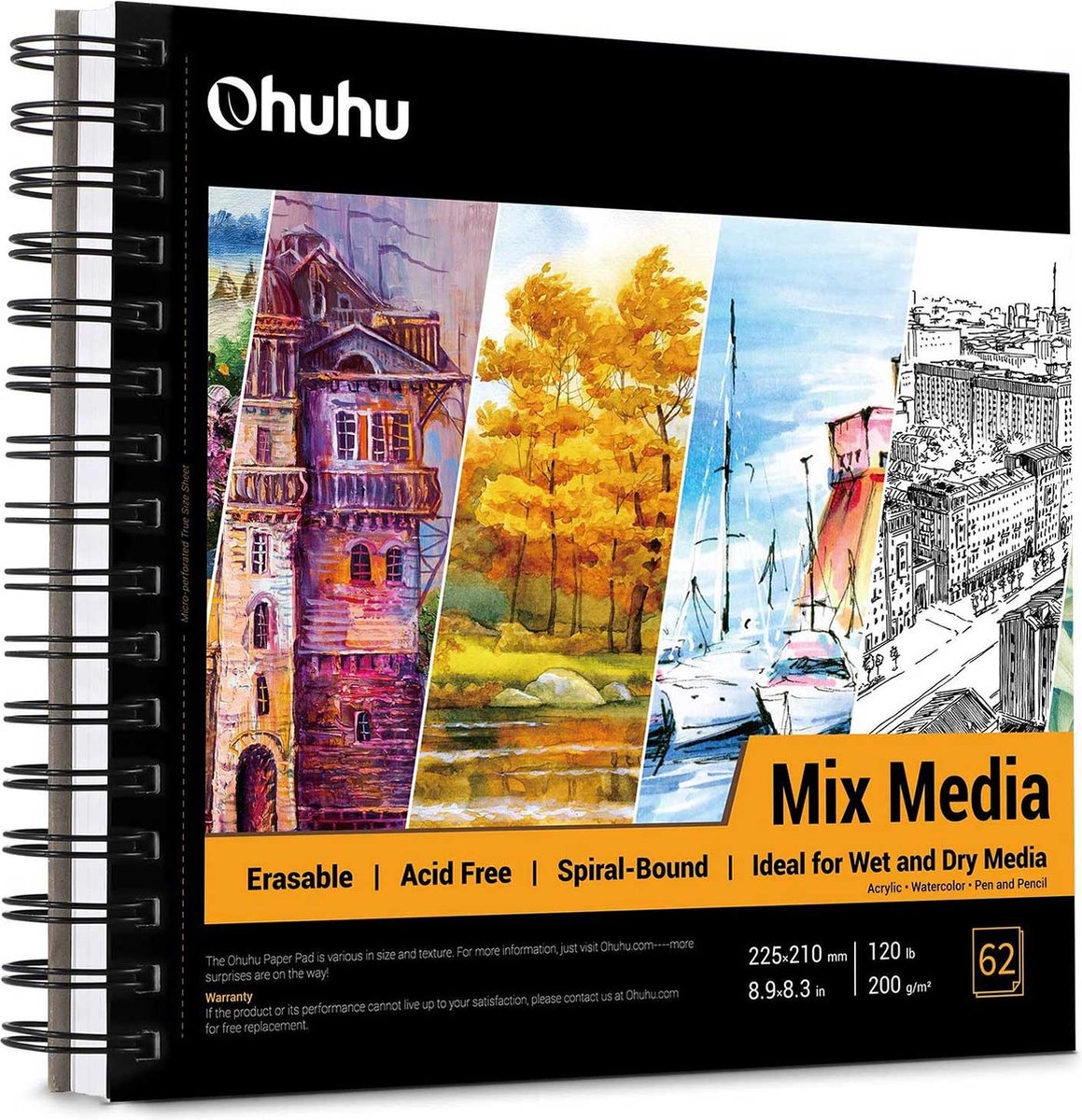 Ohuhu - Mixed Media / Alcohol marker papier spiraalblok 22,5 x 21 cm - 200 grams - 62 vellen - Ohuhu