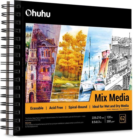Ohuhu - Mixed Media / Alcohol marker papier spiraalblok 22,5 x 21 cm - 200 grams - 62 vellen - Ohuhu