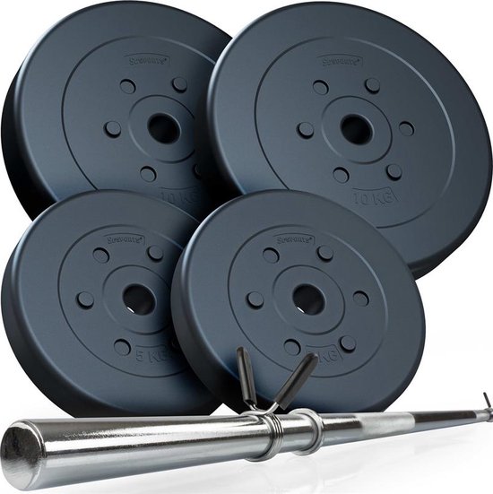 Hop-Sport Gietijzeren Halterset verstelbare gewichtsschijven van 20 kg (1 x 20 kg) met verchroomde halterstang antislip handgreep en neopreen trainingshandschoenen voor fitness en krachttraining thuis