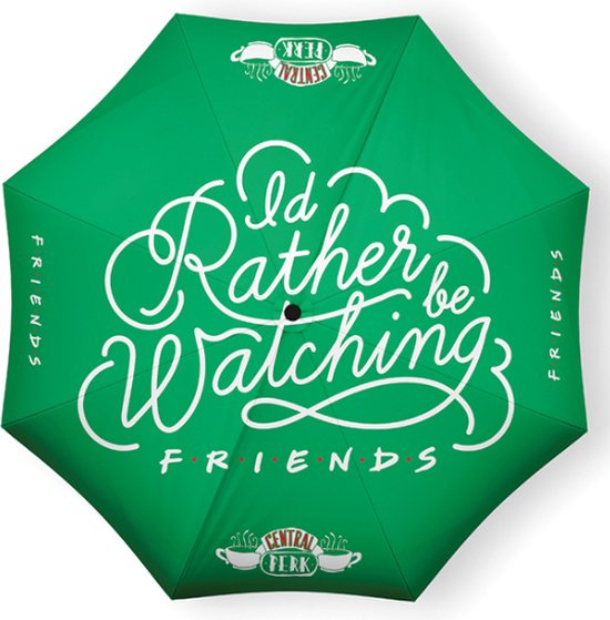 Groene paraplu met de tekst 'I'd Rather Be Watching FRIENDS' in sierlijke letters en het Central Perk logo.