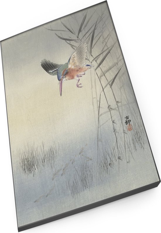Textielframe - Ohara Koson, IJsvogel jagend op vis, op Velours