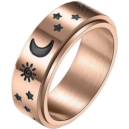 Anxiety Ring - (ster maan) - Stress Ring - Fidget Ring - Draaibare Ring - Spinning Ring - Spinner Ring - Koperkleurig RVS - (18.75 mm / maat 59)