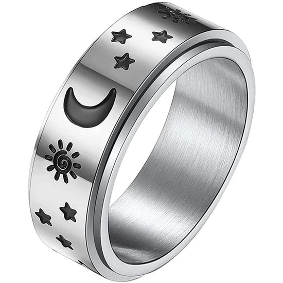 Anxiety Ring - (ster maan) - Stress Ring - Fidget Ring - Draaibare Ring - Spinning Ring - Spinner Ring - Zilverkleurig RVS - (18.50 mm / maat 58)