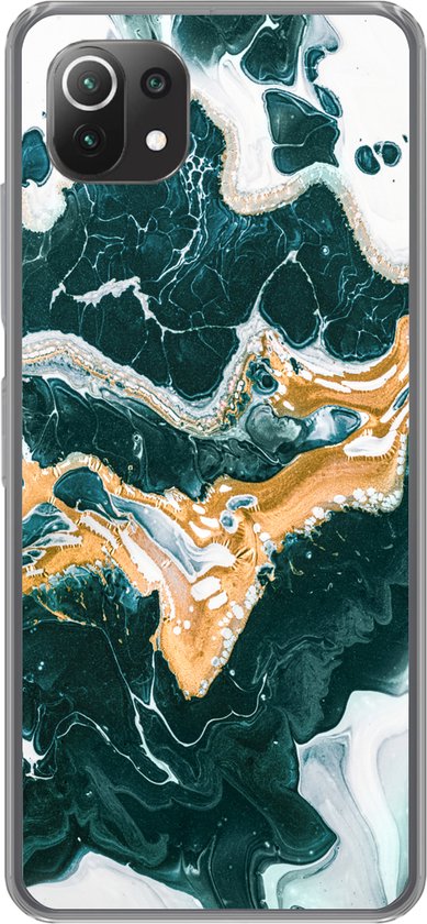 Telefoonhoesje Geschikt voor Xiaomi Mi 11 Lite hoesje - Marmer print - Aqua - Goud - Siliconen Telefoonhoesje