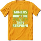 Gamers don't die pixel T-shirt | Neon Groen | Gaming kleding | Grappig game verjaardag cadeau shirt Heren – Dames – Unisex | - Geel - XL