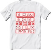 Gamers don't die pixel T-shirt | Neon Rood | Gaming kleding | Grappig game verjaardag cadeau shirt Heren – Dames – Unisex | - Wit - L