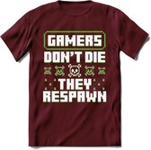 Gamers don't die pixel T-shirt | Groen | Gaming kleding | Grappig game verjaardag cadeau shirt Heren – Dames – Unisex | - Burgundy - L