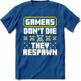 Gamers don't die pixel T-shirt | Geel | Gaming kleding | Grappig game verjaardag cadeau shirt Heren – Dames – Unisex | - Donker Blauw - S