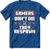 Gamers don't die pixel T-shirt | Oranje | Gaming kleding | Grappig game verjaardag cadeau shirt Heren – Dames – Unisex | - Donker Blauw - M