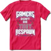 Gamers don't die T-shirt | Neon | Gaming kleding | Grappig game verjaardag cadeau shirt Heren – Dames – Unisex | - Roze - L