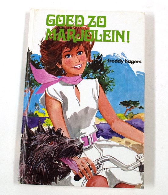 Boek kaft: Goed zo, Marjolein! met een getekende vrouw met bruin haar en een hond.