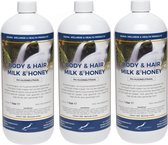 Body & Hair Milk & Honey - 1 liter - set van 3 stuks - 2 in 1 voor lichaam en haar.