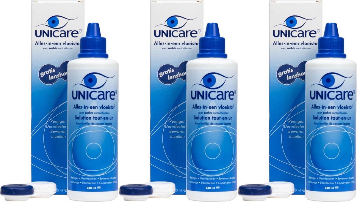 Unicare - 3 x 240ml - Alles-in-een vloeistof - Lenzenvloeistof - Zachte lenzen - incl. 3 lenzendoosjes - Voordeelverpakking