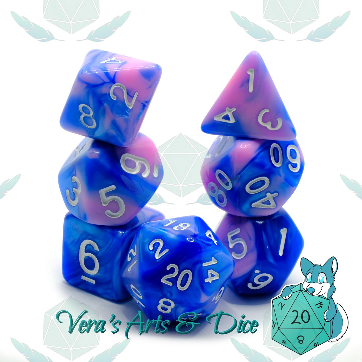 Polyset Dice | Dobbelstenen - Set Van 7 Stuks - Blauw Roze Marmer Parelmoer Wit | Voor D&D en Andere Rollenspellen | Plastic Dobbelstenen Set voor Dungeons and Dragons | Polyhedral Dice Set | Met Mooie Zwarte Velvet Dice Bag voor Ongeveer 3 Sets