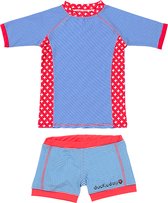 Ducksday – Zwemset - UV zwemshort en Zwemshirt korte mouw - Blauwe streep met rode print – UV beschermend – promo – UPF50+ - Unisex – Sneldrogend – Elastisch – 04Y – 98/104