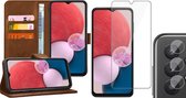 Hoesje geschikt voor Samsung Galaxy A13 4G - Book Case Leer Wallet Cover Portemonnee Pasjeshouder Hoes Bruin - Tempered Glass Screenprotector - Camera Lens Protector